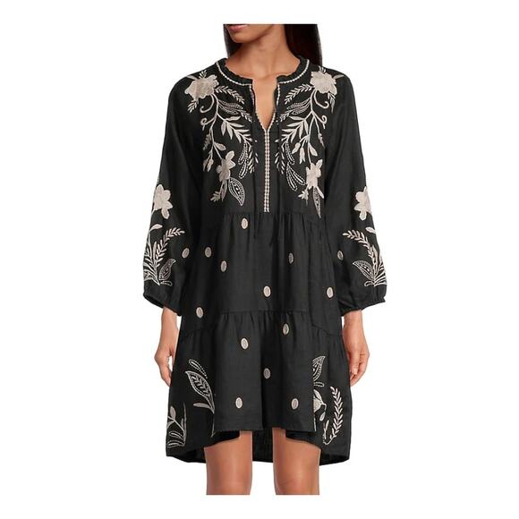 JOHNNY WAS FRANKIE Tiered Field Dress Cotton Floral Embroidery Linen Black XXS - Picture 1 of 7